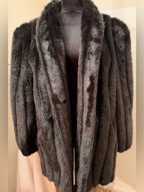 Vintage Black Faux Mink Fur Car Coat Let Out Stripe Shag Jacket Mob Wife 80s XL